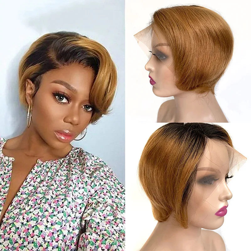 Human Hair Pixie Wig Short Pixie Cut Wig 1B/27  13*4*1 T lace human hair wig short wig 6inch pixie wig