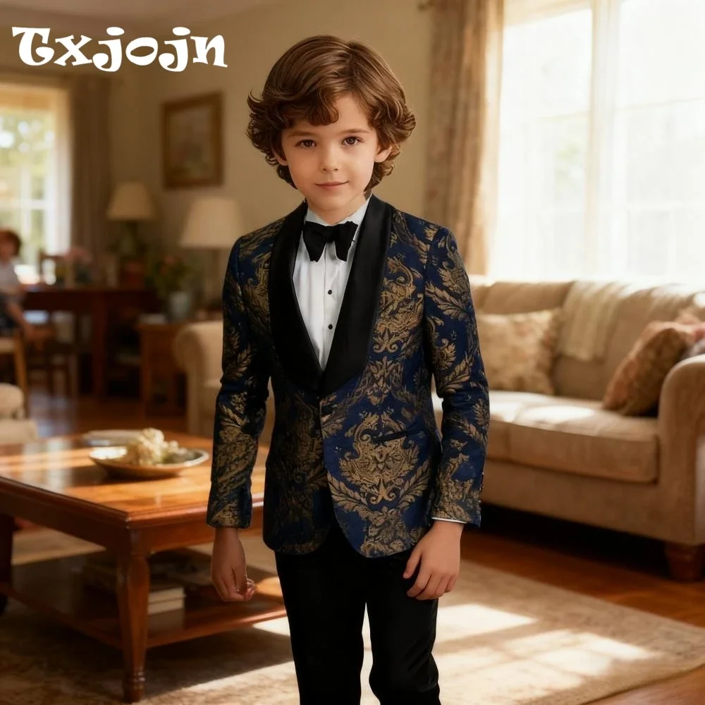 

Fast Delivery Boys Jacquard Suit Set 2 Pieces Jacket Pants With Bow Wedding Guest Clothes Black Shawl Lapel Kids Suits For Party