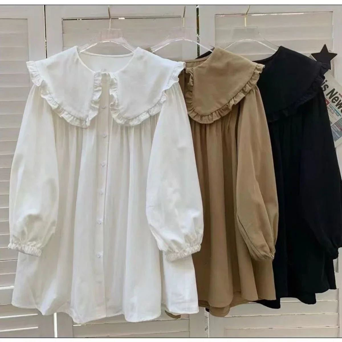 Damenhemden, einfarbig, mit langen Puffärmeln, Peter-Pan-Kragen, koreanischer Stil, modische Oberteile, Retro-Damenbluse, schlicht, lässig, vielseitig kombinierbar. – Detail 4
