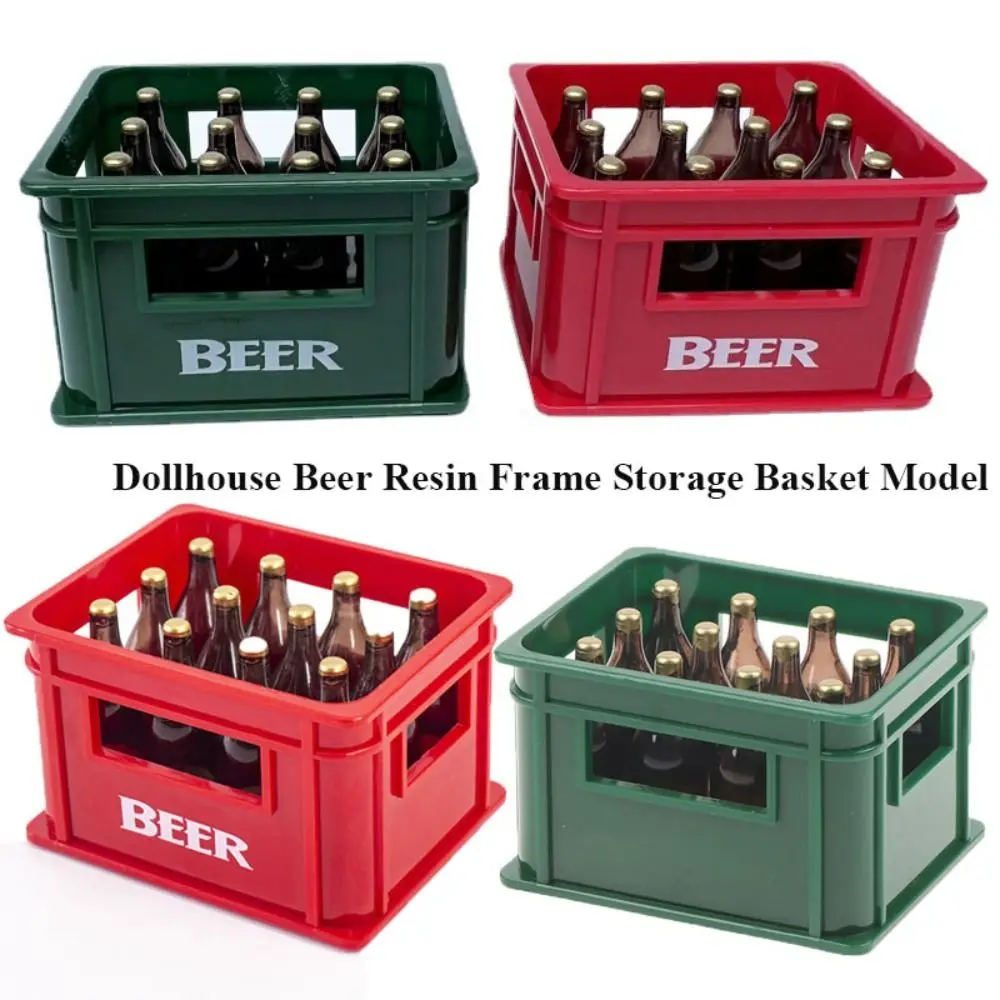 1Set 1:12 Mini Dollhouse Beer Resin Frame Storage Basket With 12 Bottles Simulation Drink Beer Model DIY Doll Accessories