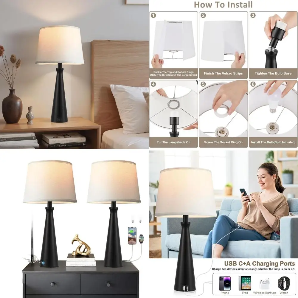 

Seealle Modern Table Lamps Set of 2 - Touch Bedside Lamp for Nightstand with USB C+A,3-Way Dimmable Black Nightstand Lamps for L