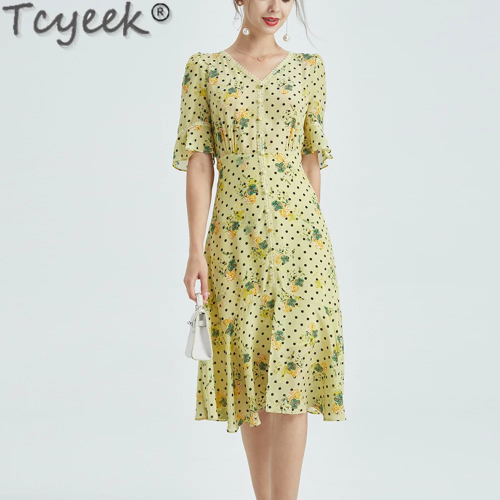 100% Tcyeek Real Mulberry Silk Fashion Summer es 2024 Elegant es for Women Clothes New Style Midi Dress Split