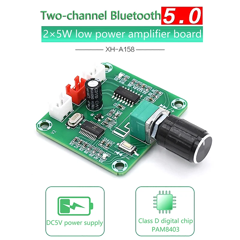 XH-A158 Ultra Clear Bluetooth 5.0 Audio power Amplifier Board Pam8403 Small Power DIY Wireless Speaker Amplifier Board 5W*2