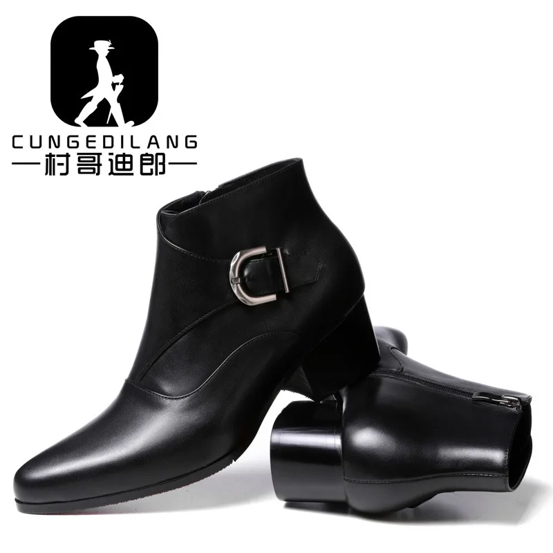 Size 36-44 Men Heightened Shoes Fashion Buckle Men High-heeled Boots Leather Chelsea Ankle Boots Spring Autumn Shoes