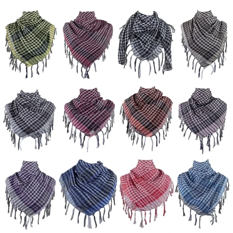 Shemagh Desert Scarf Colorblock Houndstooth Pattern Arab Keffiyeh Shawl Wrap with Tassels Scarves Bandana Head Wraps