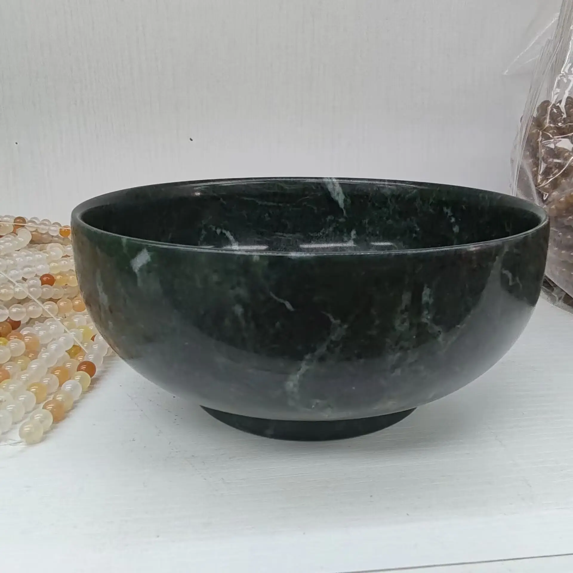 15cm Natural Green Jade Tea Cup Stone Bowl Genuine Tibetan Medicine King Stone Magnetic Jade Rice Bowl