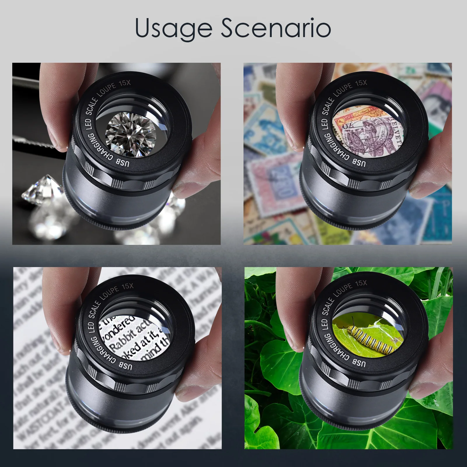 Advanced 15x LED Optical Scale Loupe USB Rechargeable Magnifier for Precision Measurement with 6 LED Light 20mm Scale Chart