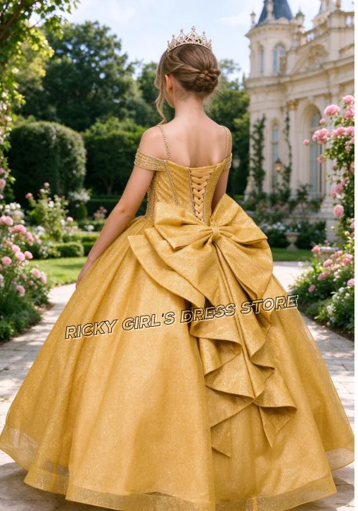 Off Shoulder Gold Sequin Flower Girl Dresses For Wedding Floor Length Litter Princess Dress With Bow Customized Birthday Gown