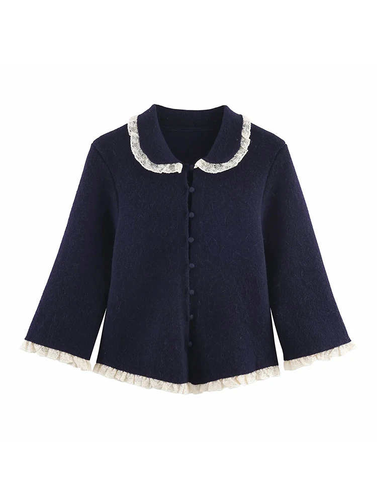 

Women New Lace Splice Long Sleeve Lapel Sensation Women's Cardigan Slimming Autumn Fashion Top