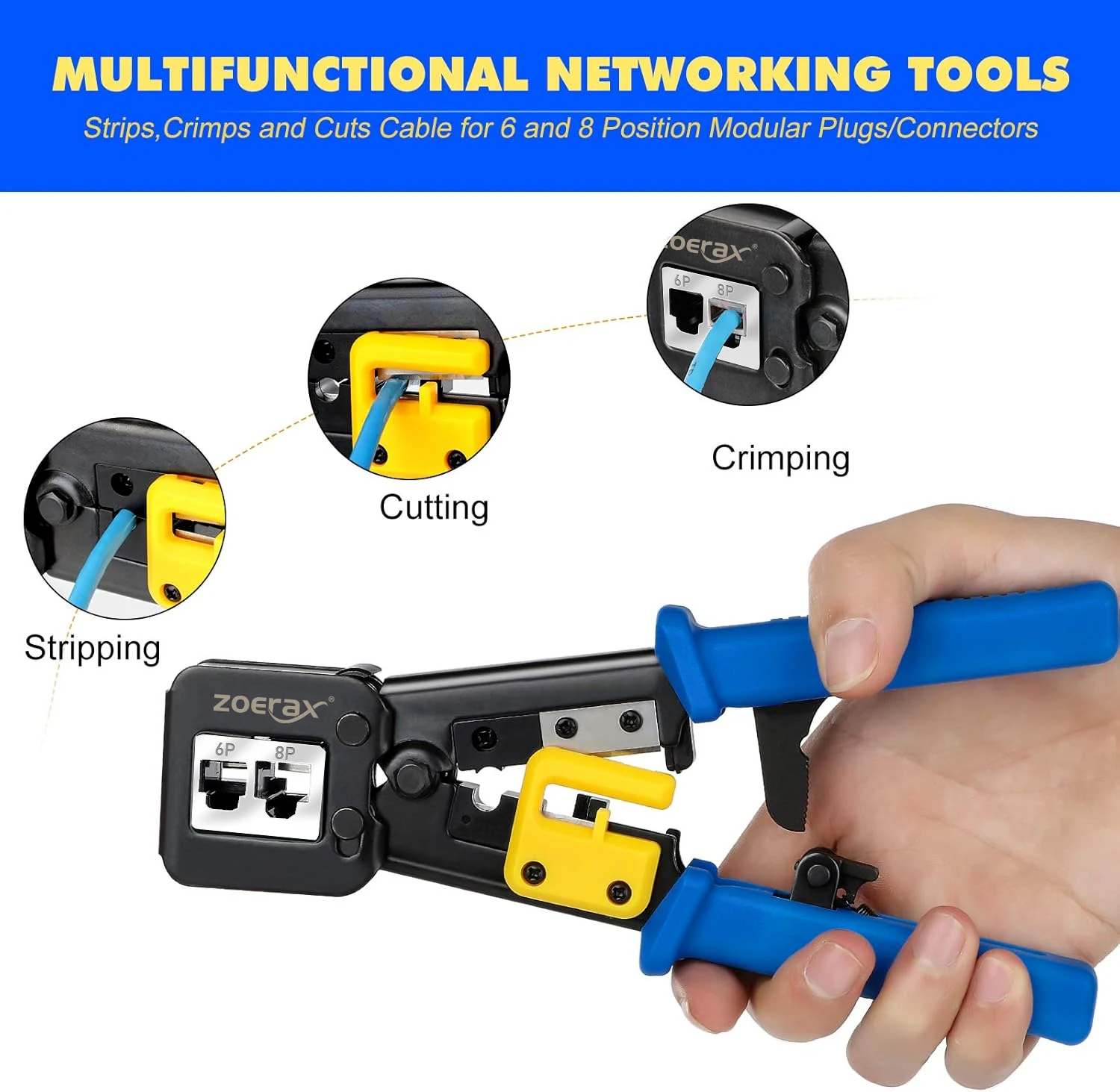 ZoeRax RJ45 Cat6/5e/5 압착 도구 키트(20PCS Cat6 패스 스루 커넥터 및 커버, 와이어 펀치 다운 커터, 케이블 테스터 포함)