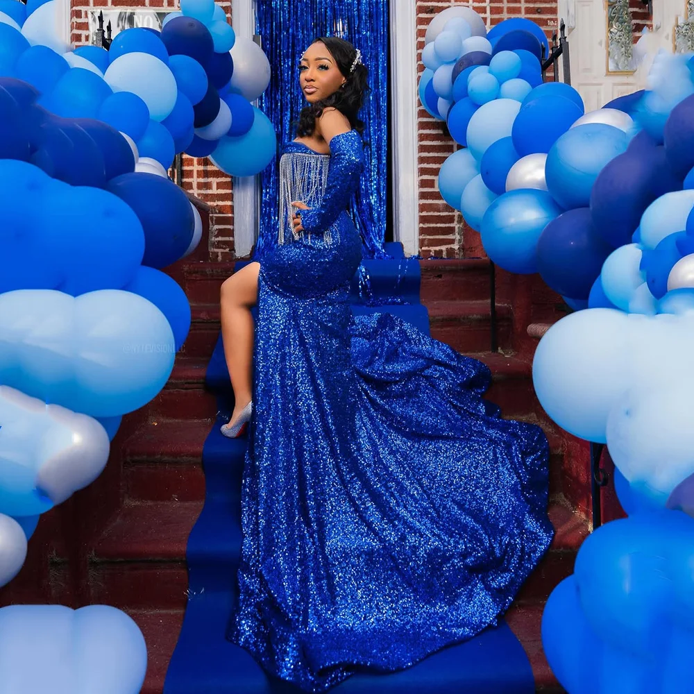 

African Sequined Praty Evening Dresses Woman Tassel Mermaid Side Split Elegant Luxury Sweep Train Blue Sleeveless Customized