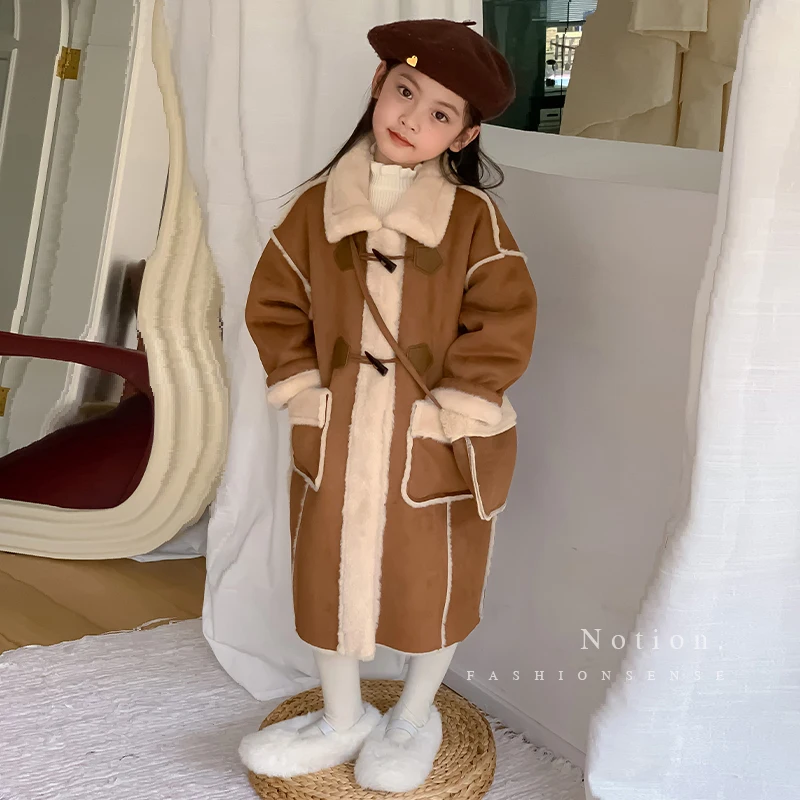 Baby Girls Long Wool Coat Children 2024 New Autumn Winter Fashion Simple Casual Warm Coat Korean Simple Style Clothes Top