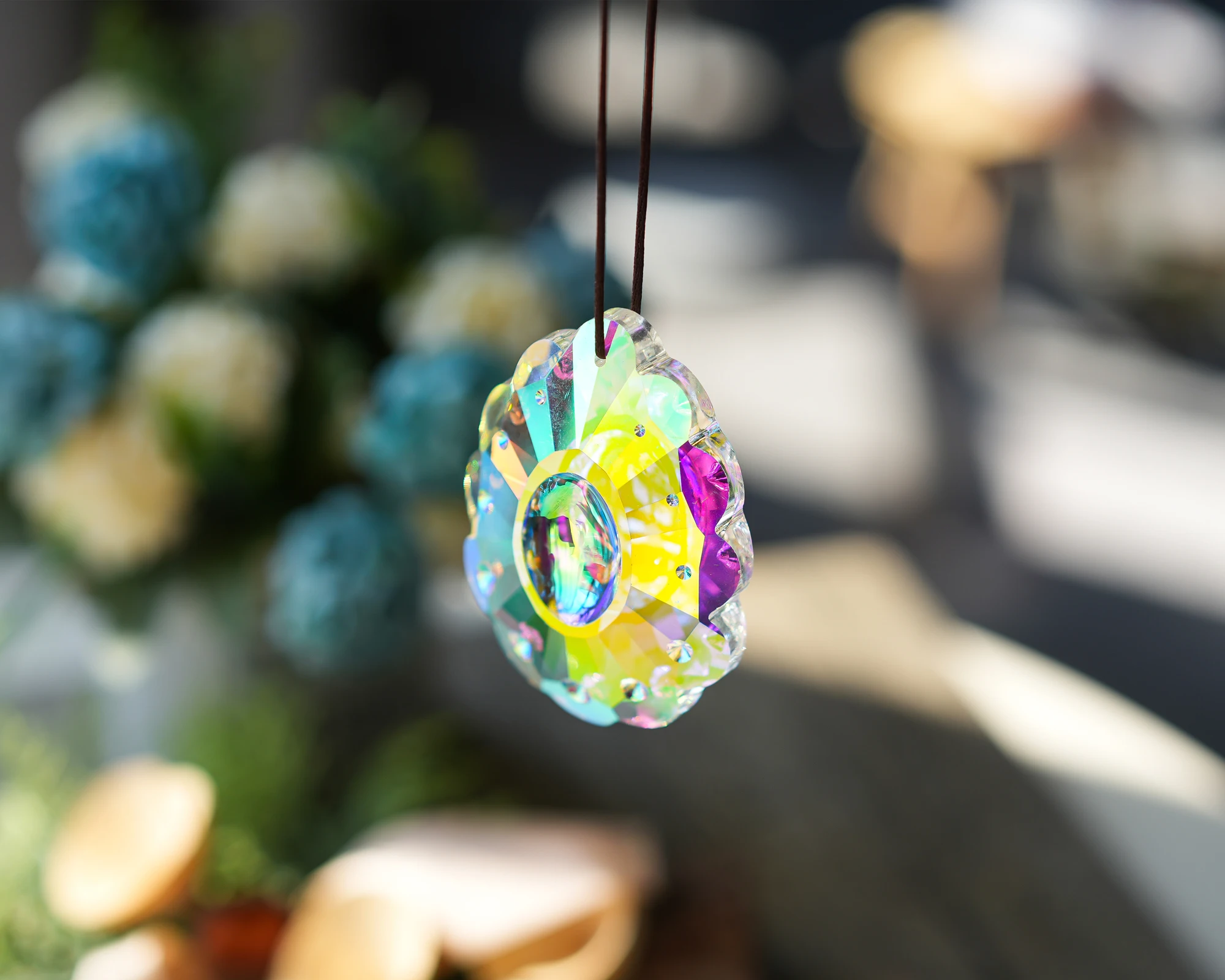 H&D 76mm Colorful Crystal Peacock Prism Suncatcher Crystal Glass Prism Pendant DIY Accessories Christmas Tree Ornament