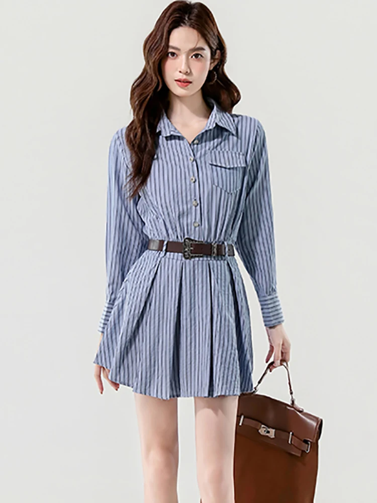 

Женское синее полосатое платье-рубашка с длинным рукавом и воротником-поло, осеннее элегантное облегающее короткое платье с повязками, 2025 г., корейское модное платье для выпускного вечера