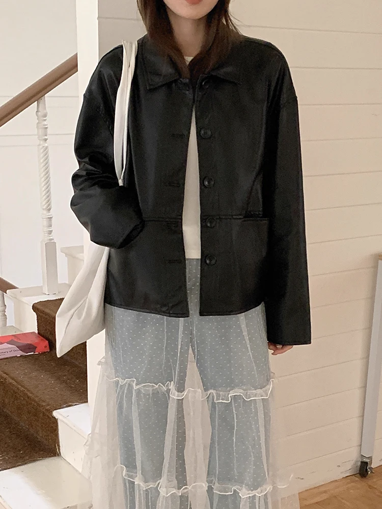 Sli Vintage Biker Jaet Cappotto da donna in pelle PU con colletto lungo e ampio, versatile capispalla autunnale Faion