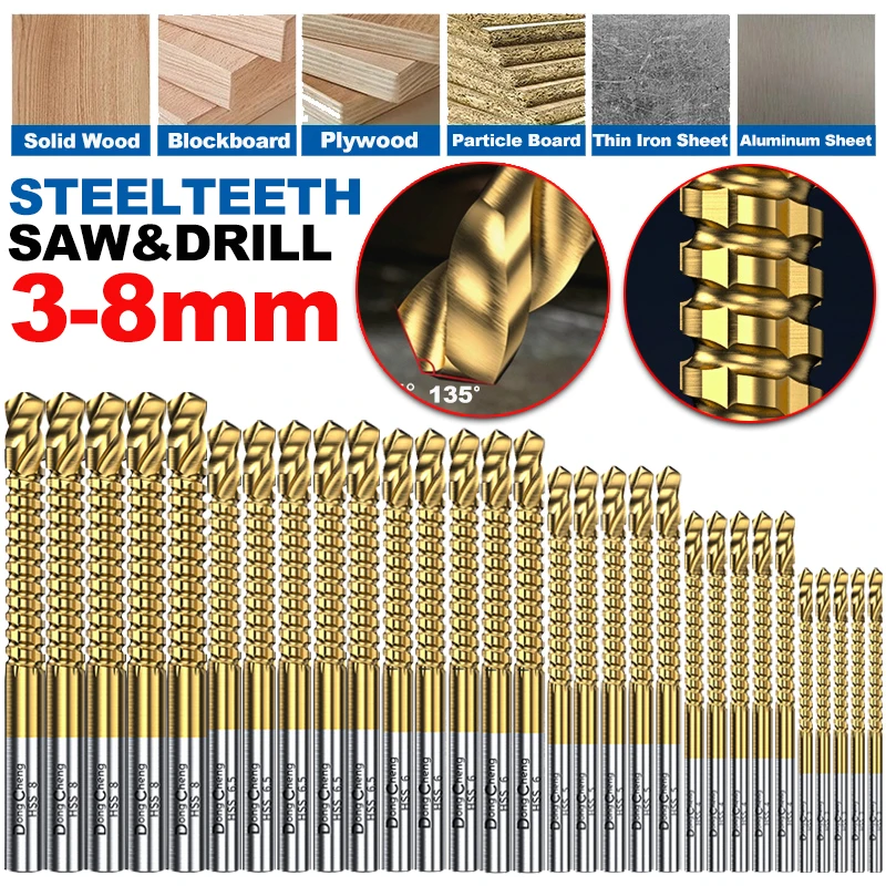 Twist Drill Bit Sawtooth HSS Titanium Coated 135 Degree Split Point Round Shank High Speed Steel Drill Bit 3-8mm Metal Wood Tool