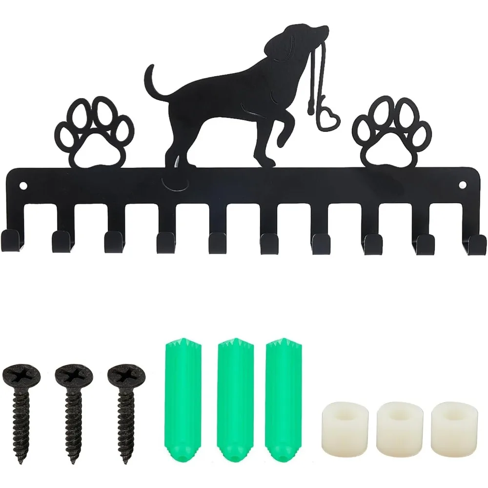 Dog Metal Key Holder Wall Dog Leash Holder 10 Hooks Black Iron Wall Mounted Hooks Animal Paws Decorative Hook Organizer Rack