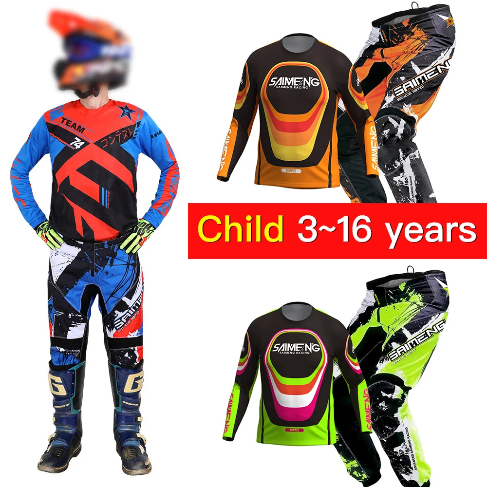 

Комплект экипировки для мотокросса для детей: эндуро, кросс, внедорожный мотокросс, MTB, мотоциклетный костюм для мальчиков и девочек, молодежный комплект (футболка и штаны) для гонок, размеры 20, 22, 24, 26, 28, цвета: зеленый, синий, с возможностью нане