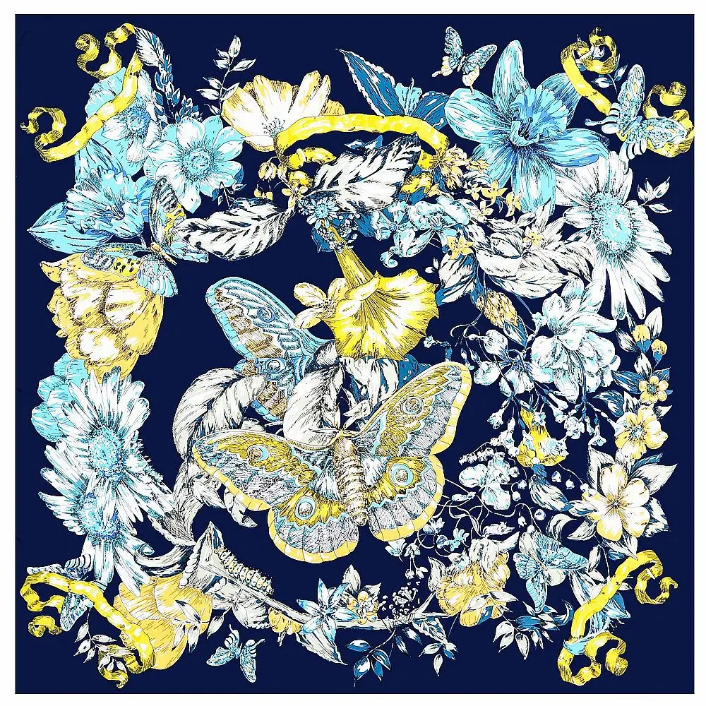 130cm Silk Scarf Butterfly Floral Print Flowers Square Scarf Fashion Design Women Shawl Bandana Kerchief Scarves Hijab