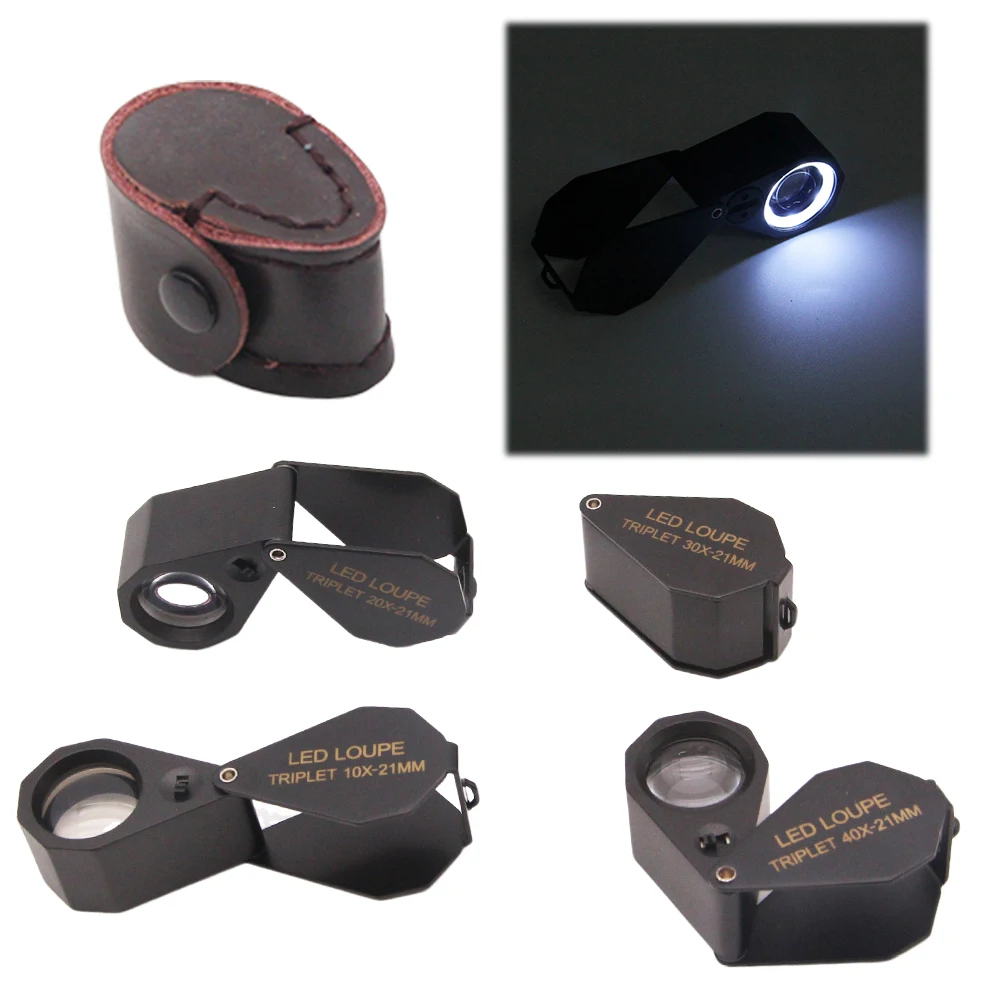 10X 20X 30X 40X Pocket Folding Magnifying Glass with Bright LED Light Foldable Jewelers Loupe for Gems Jewelry Coins Stamps Etc