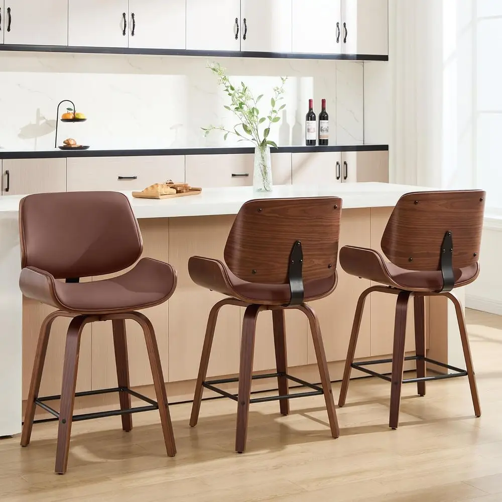 

Set of 3, 24 Upholstered Faux Leather Barstools, Modern Counter Height with Walnut Bentwood Back & Legs, Ideal for Kitchen Islan