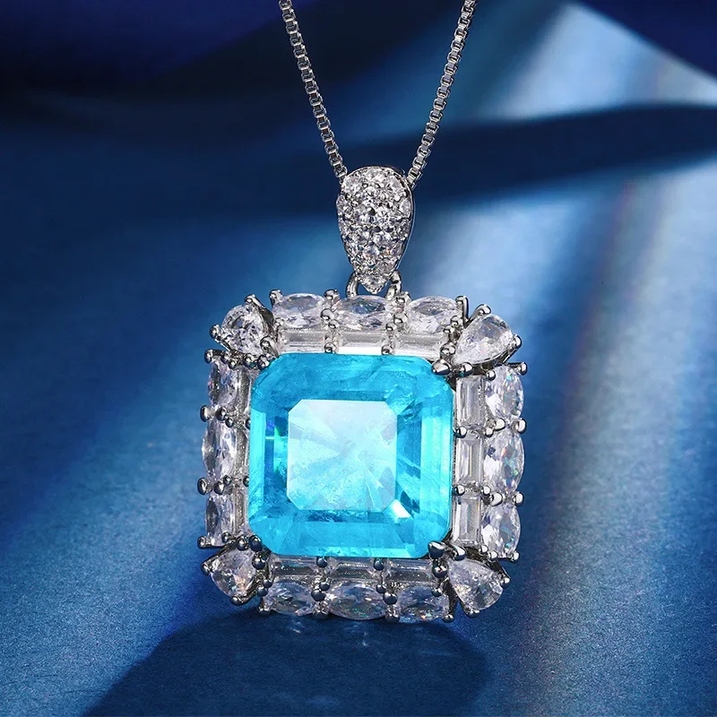 S925 silver-plated 18K gold-plated PT950 platinum-plated Paraiba temperament princess square set main stone 14 * 14-12 * 12