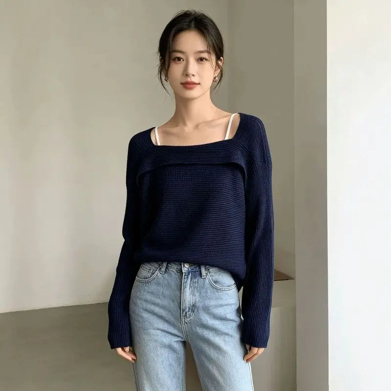 Loose Long Sleeve Women's Cover up Shirt Casual Style T-Shirt Comfortable Lazy Overalls Design Simple round Neck Pure Color