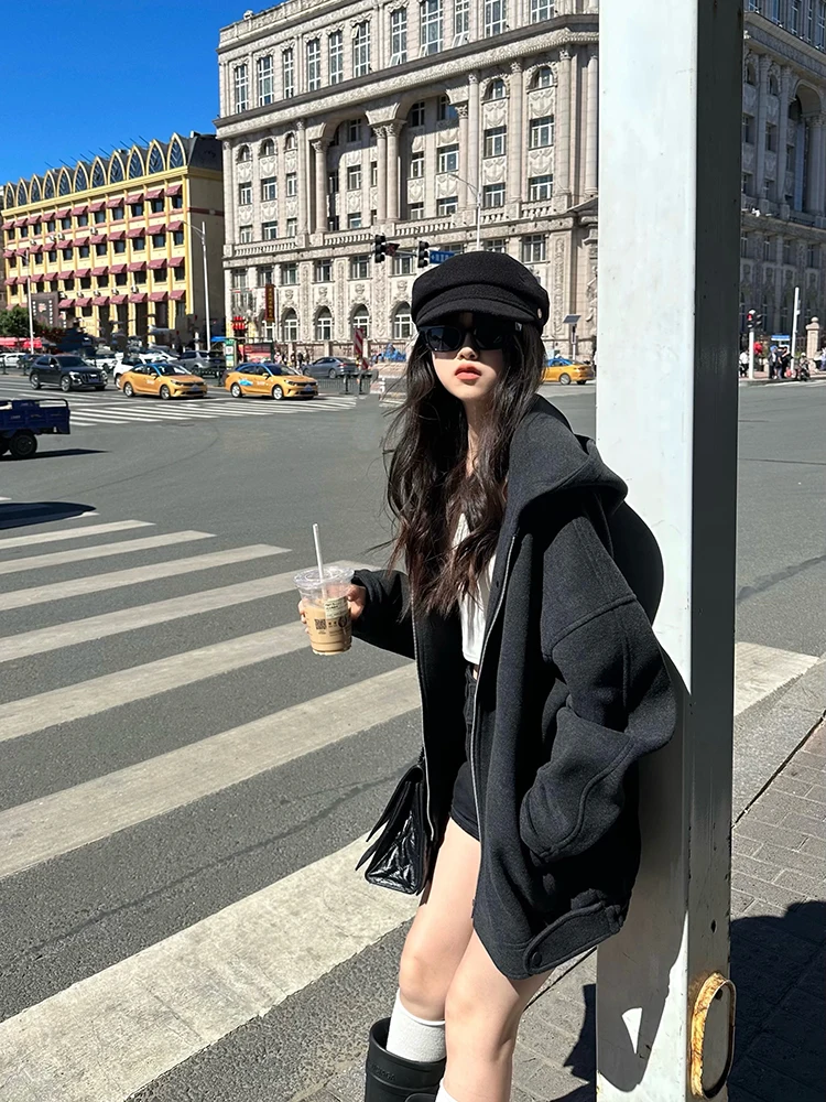 

Женская шерстяная куртка Cuitcuit с капюшоном и застежкой-молнией, деконструированный дизайн, повседневная толстовка, верхняя одежда, пальто