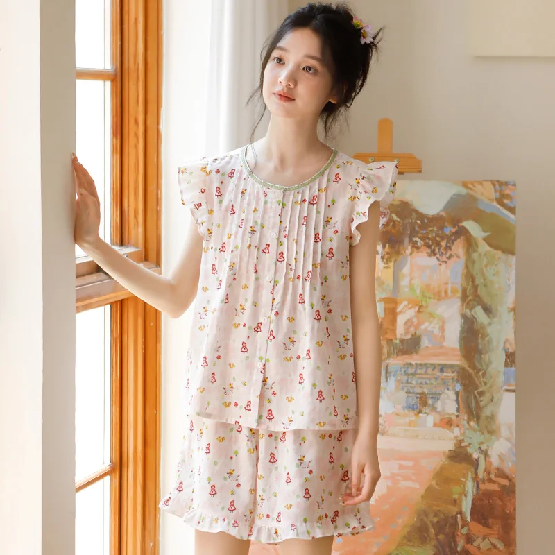 

Sweet girl's summer new sleepwear, pure cotton gauze vest shorts, plus size women's sleeveless home clothes, thin set