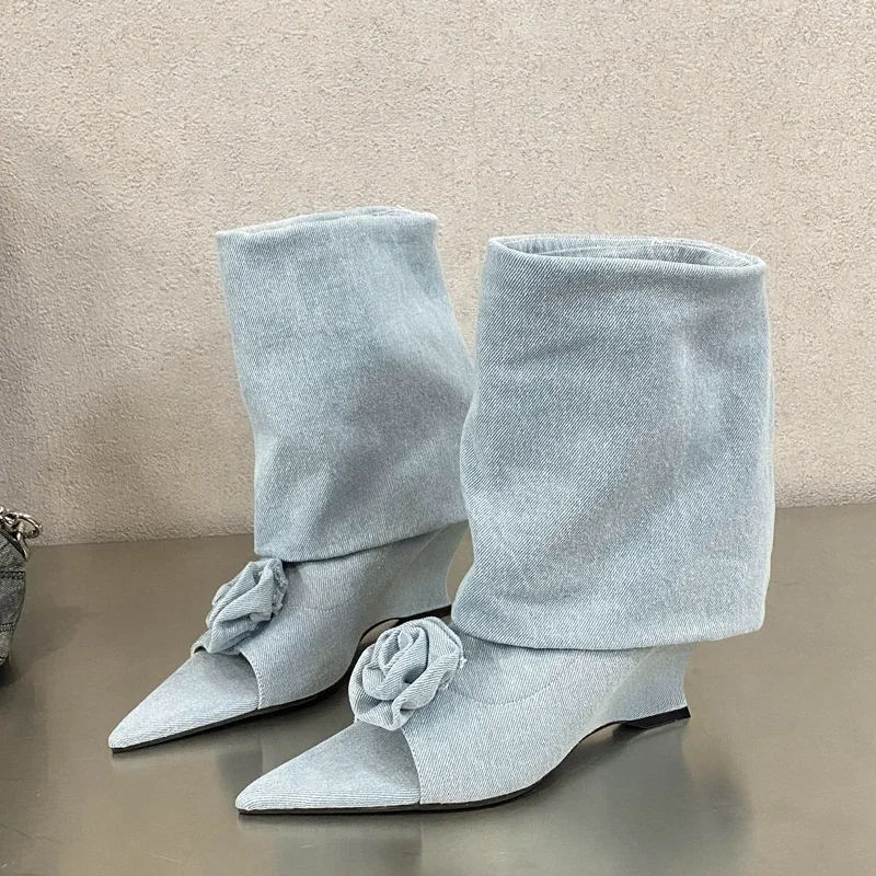 Eilyken Street Style Design Flowers Peep Pointed Toe Women Ankle Boots Sandals Fashion Wedges High Heels Ladies Shoes