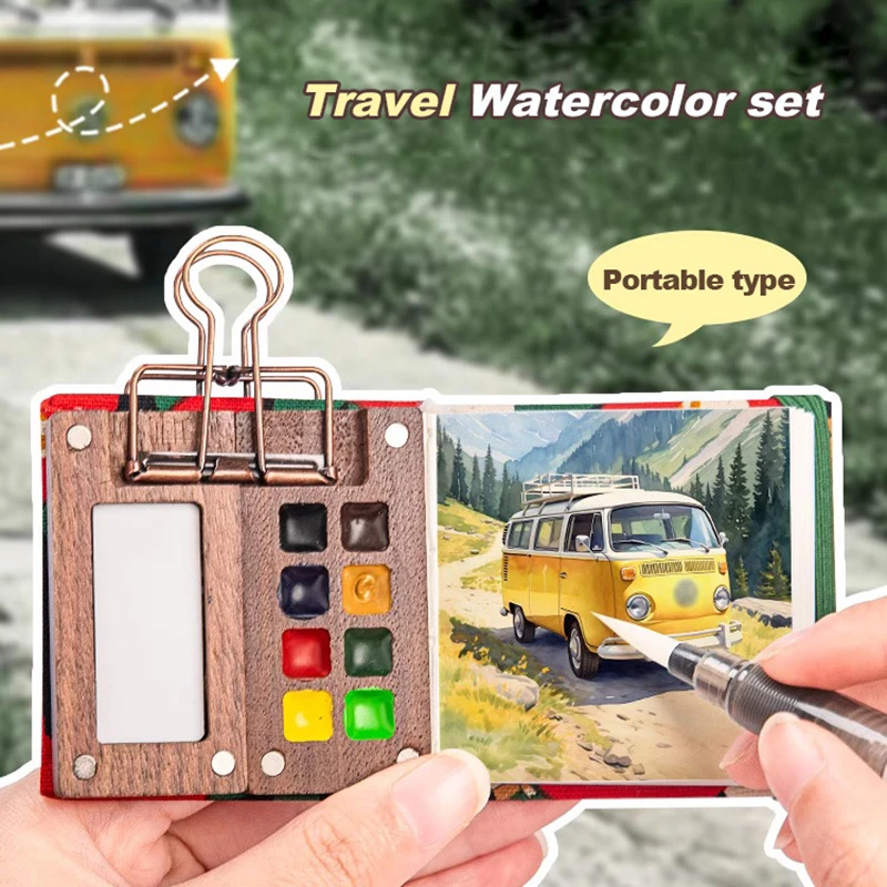 Portable Travel Watercolor Set Watercolor 8/15 Colors Pigments Mini Walnut Paint Box Sketchbook Student Outing Art Supplies