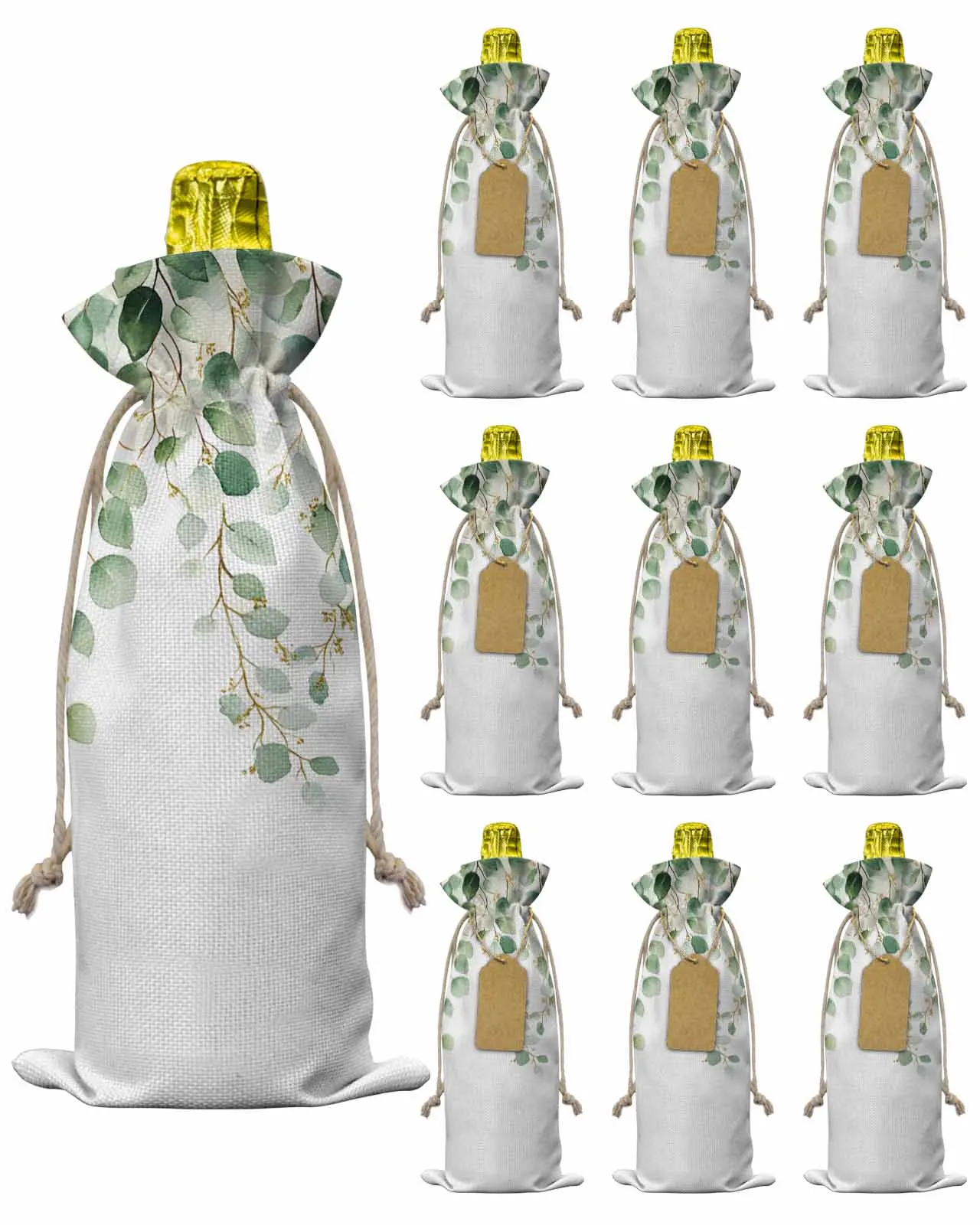 

10pcs Wine Bottle Covers Green Eucalyptus Leaves Plant Wine Holder Carrier Packaging Bag Wedding Party Decor Gift
