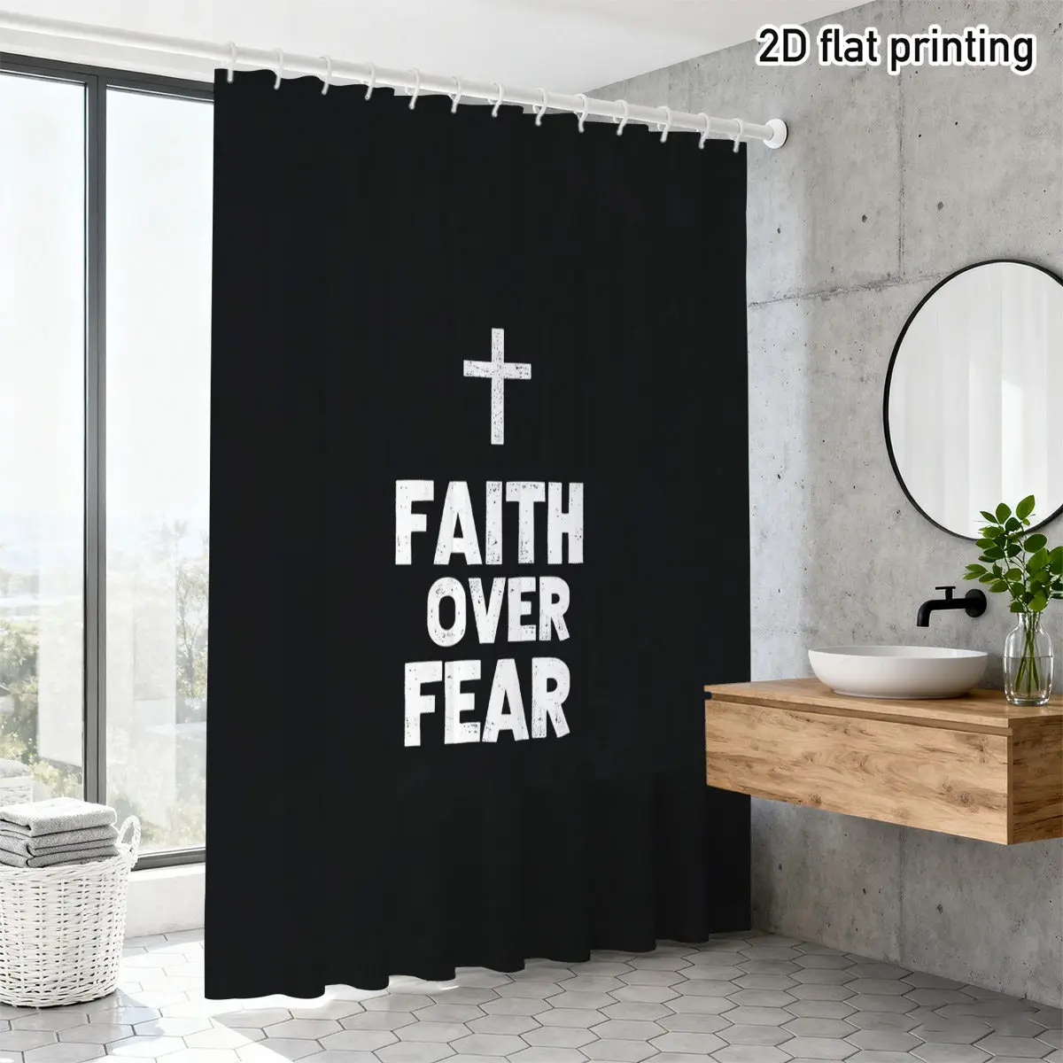 Faith Over Fear Shower Curtain, Christian Cross Typography Print Waterproof Bathroom Decor, Religious Inspirational Home Bath