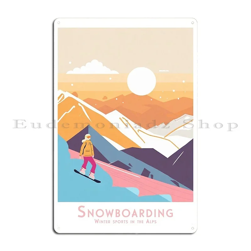 Vintage Minimal Retro Travel Poster As A Stylized Graphic Snowboarding Alps Metal Plaque Poster Cinema Printing Living Room