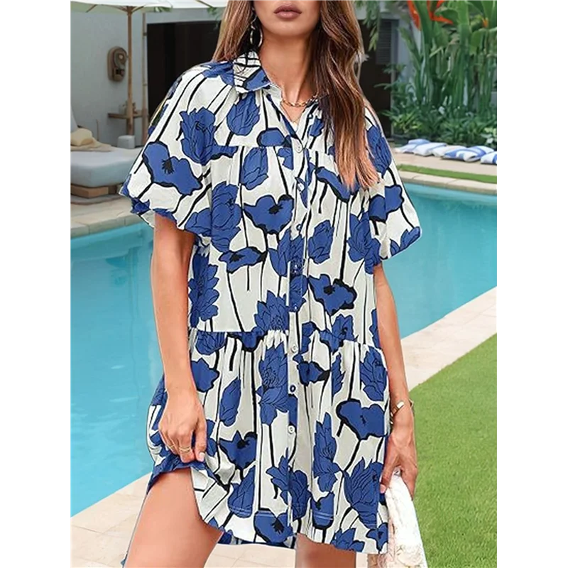 A83F-Vestito camicia abbottonato estivo da donna Mini abiti da spiaggia casual a maniche corte con sbuffo floreale