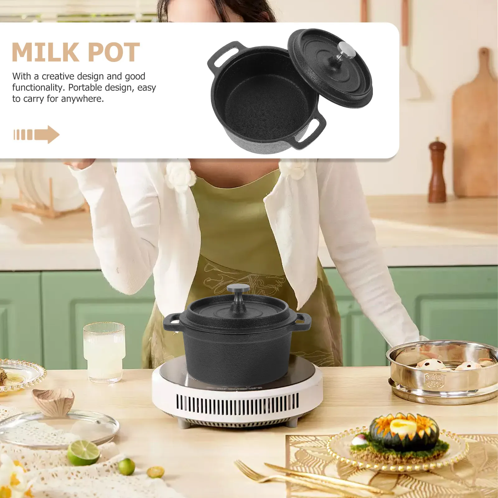 

Mini Milk Pot Dual Handle Heavy Duty Cast Iron Cooking Pot for Steaming Boiling Milk Noodles Soup Household Kitchen Cookware