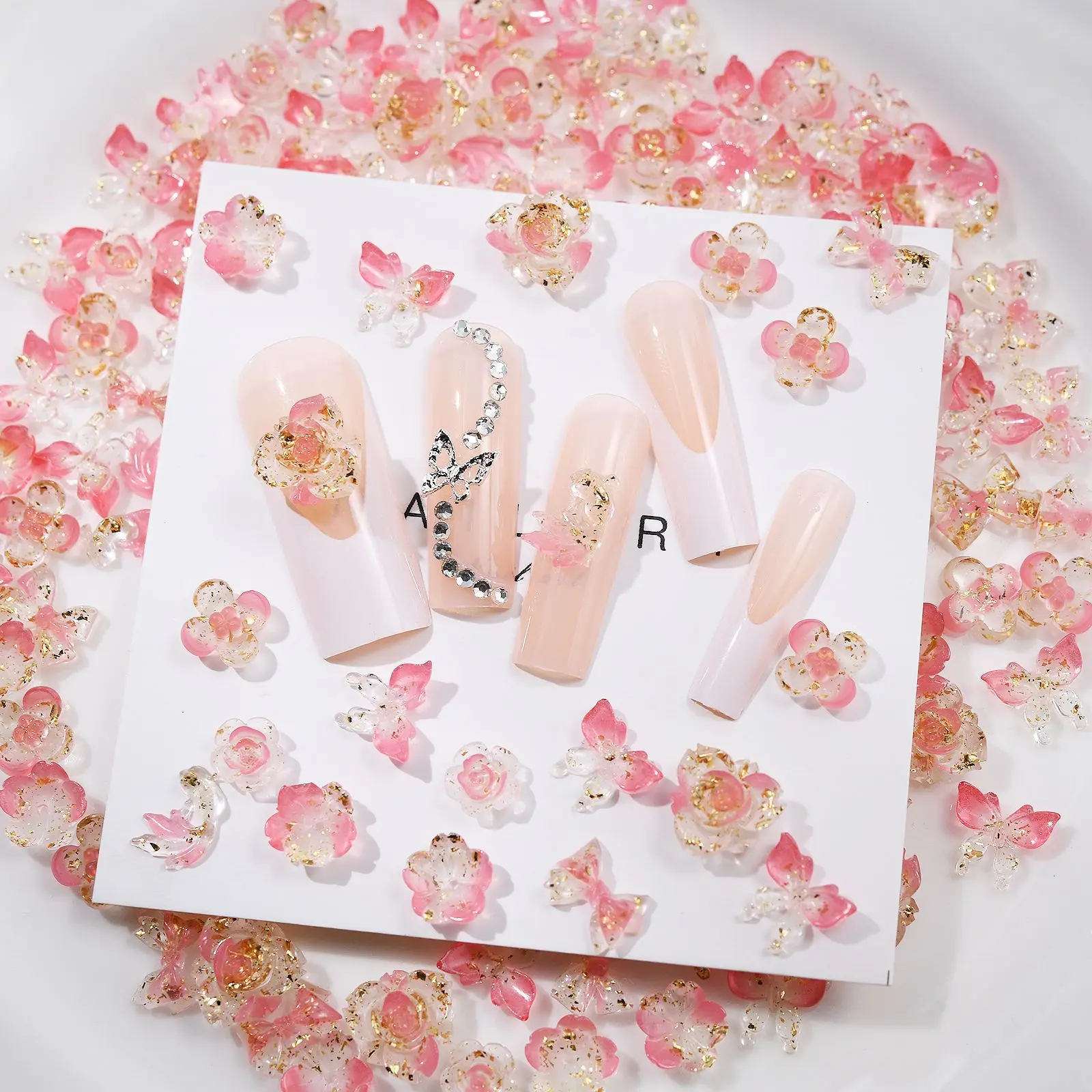 50pcs Mixed Nails Charm Design 3d Nail Art Decorations Kawaii Butterfly Star Flower Bow Heart Manicure Parts Фигурки Для Ногтей