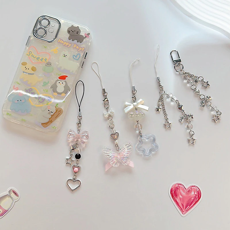 1PC Cute Butterfly Bead Handmade Sweet Girl Keychain For IP 11 Camera Kawaii Y2K Love Five Pointed Star Phone Charms Pendant