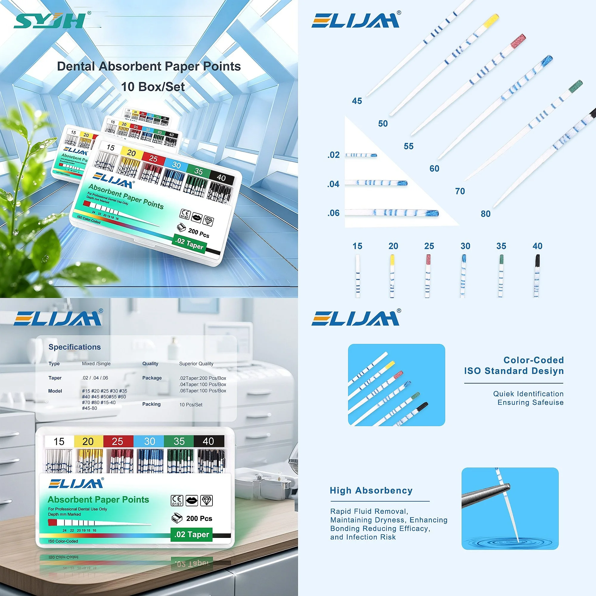 Dentals Absorbent Paper Points 10 Boxes Sterile Mixed Size Root Canal Fiber Tips Dentistry Equipment