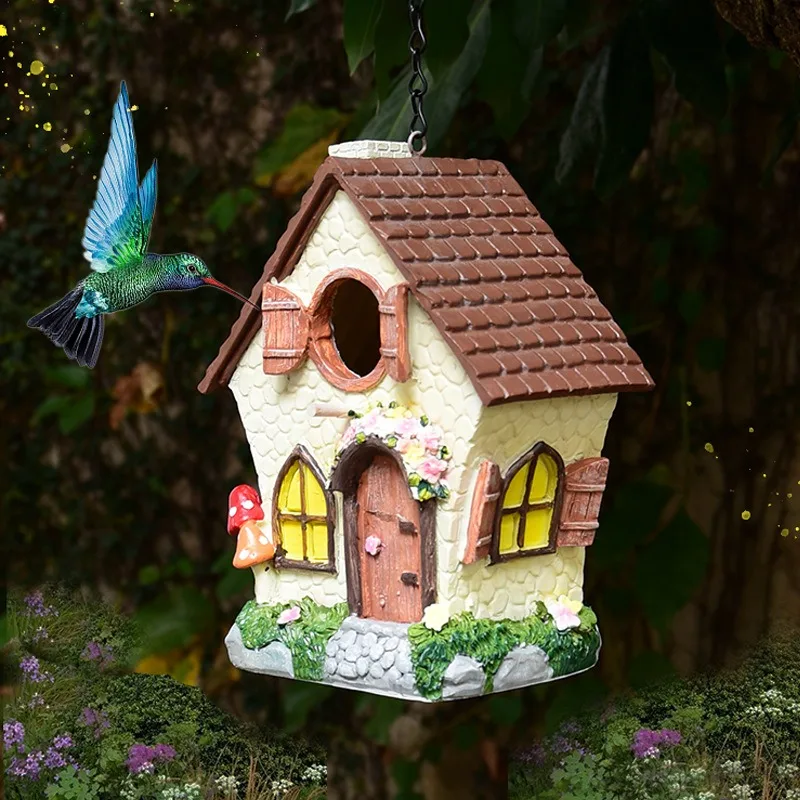 Cute White Fairy Tale Bird House Ornament Waterproof Hanging Pendant for Garden Courtyard Landscape Decoration