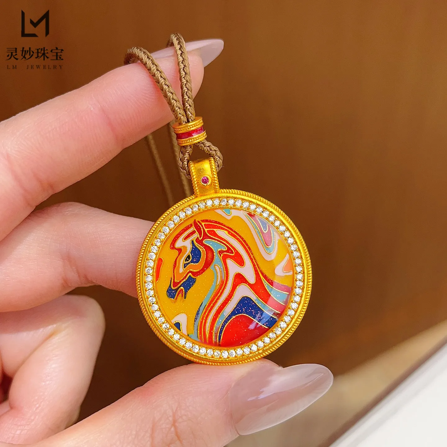 Diamond-Studded Colorful Horse Round Pendant Women's 24K Gold AU999 - Sturdy hanging loop, ideal for matching with necklaces