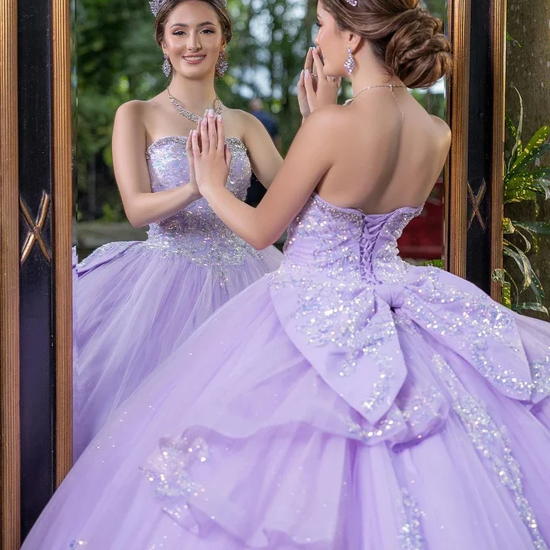 Lavender Shiny Quinceanera Dresses Lace Appliques Beading Tired Off the Shoulder Princess Ball Gown Custom Made For Sweet 16