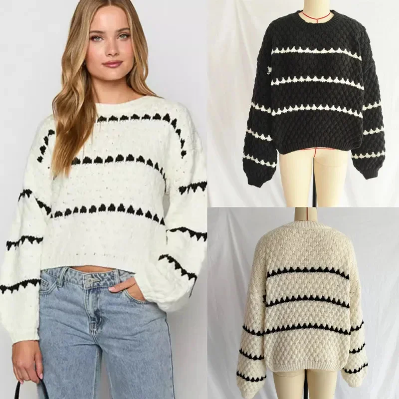 Diamond Stripe Knitting Sweater Women Winter American Contrast Coarse Needle Fried Dough Twists Stripe O-neck Loose Pullover Top