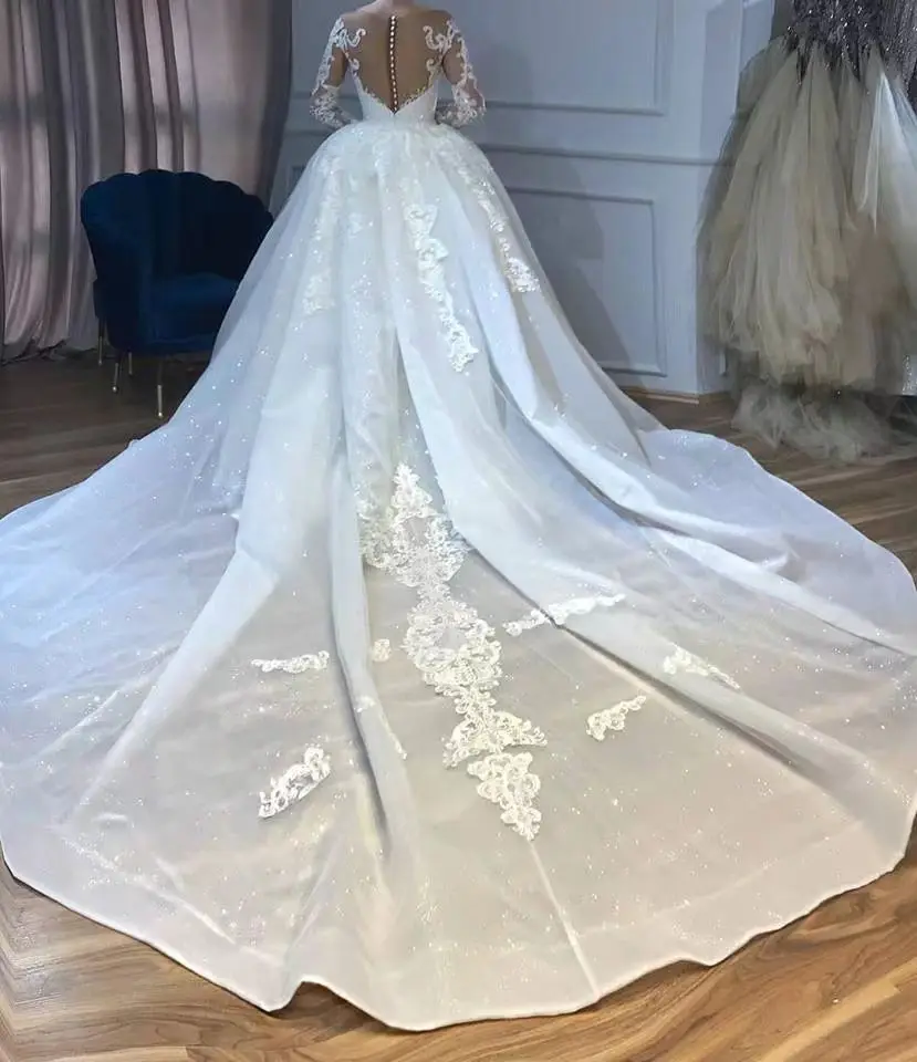 Arabic Mermaid Wedding Dresses Boho Long Sleeve Luxurious Crystal Lace Appliques Bridal Gown Custom Made With Detachable Train