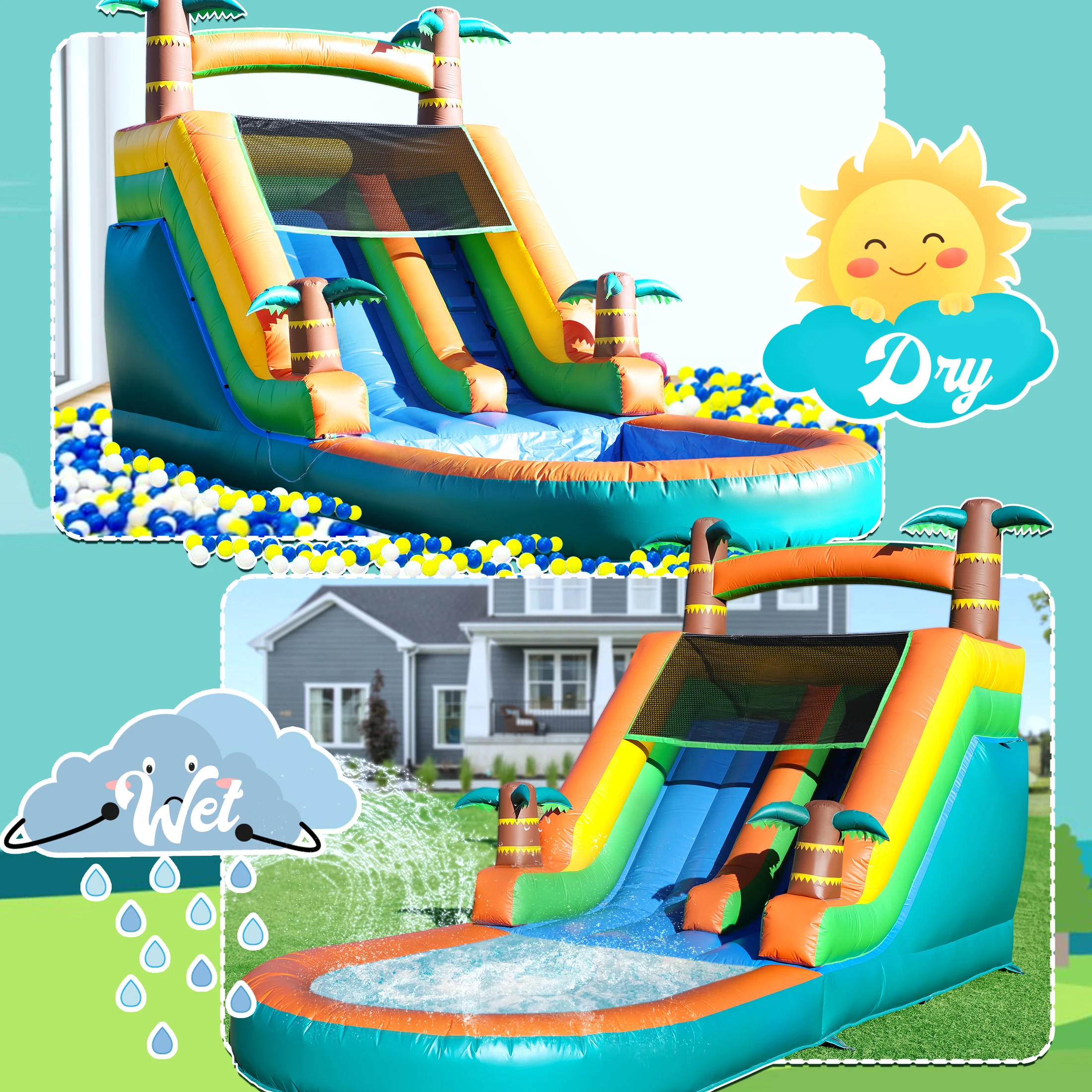 Robuste 2-in-1 aufblasbare Wasserrutsche und Hüpfburg, Doppelspuriges tropisches Palmen-Design mit Planschbecken und Bällebad, Nass-Trocken-Outdoor-Wasserpark mit Gebläse für Gartenpartys und