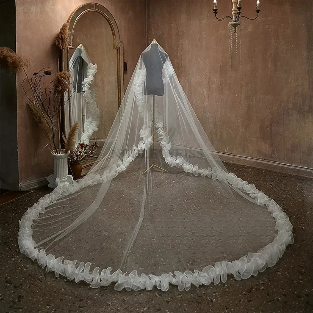Voile de mariée Long 1T, bord en Organza à volants, en Tulle, accessoires de mariage personnalisés