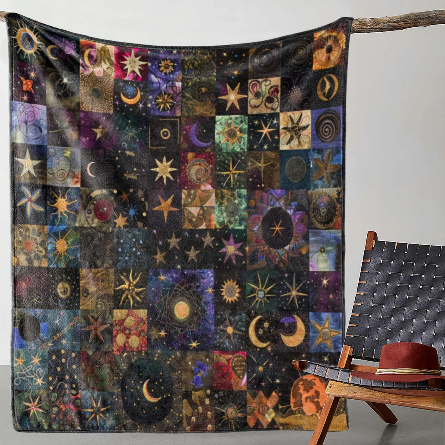 1 Stück Retro-Stern-Mond-bedruckte Fleecedecke für Büro, Camping und Reisen, digital bedruckte Geschenke für zu Hause