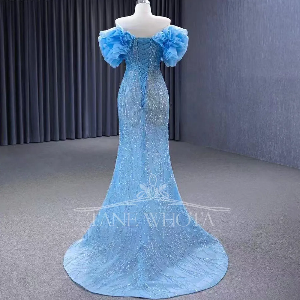 Vestido de Noche Azul de Lujo con Escote Corazón y Hombros Descubiertos, con Lentejuelas y Espalda con Cordones, Personalizable para Mujer, Colección 2026 Soirée