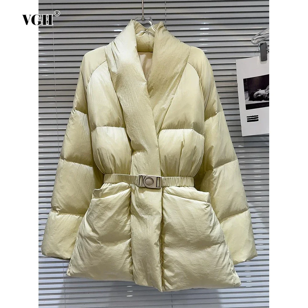 VGH Solid Patchwork Sashes Down Coat for Women V Neck Long Sleeve Slimming Temperament Warm Jackets Female Winter Style Clothing