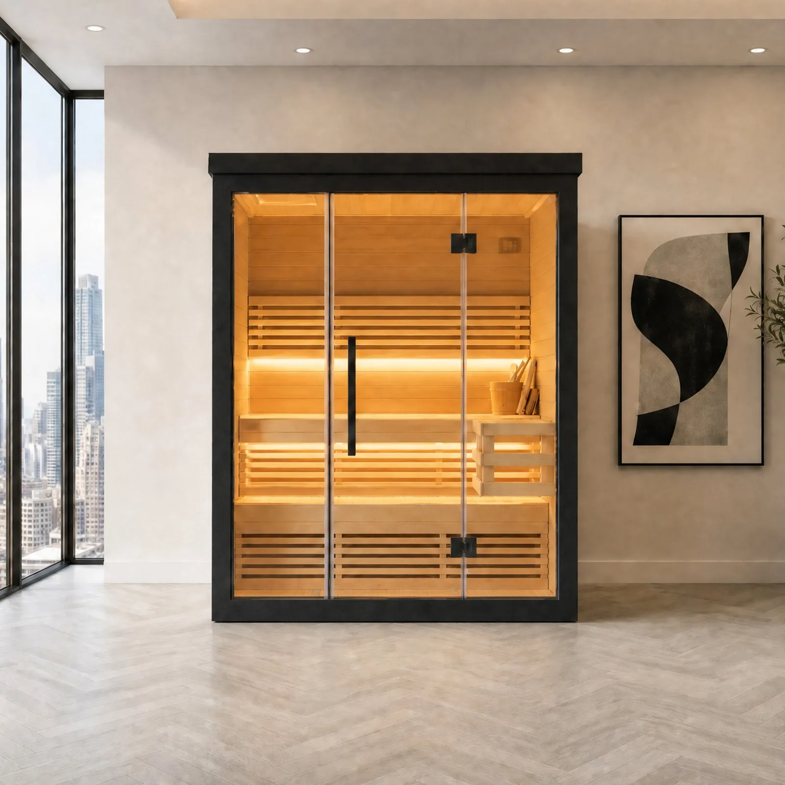 Serene Indoor Steam Sauna Room With Multi Level Ergonomic Benches And Warm LED Lighting For Family Home Relaxation